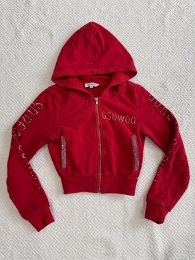 So Real GSUWOO Red Rhinestone Zip Hoodie Sz XS